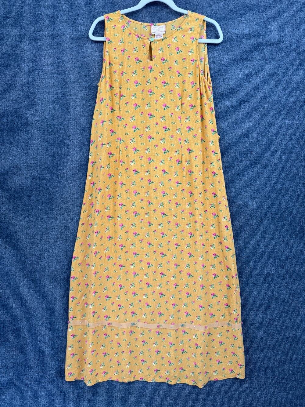 Vintage April Cornell Floral Sleeveless Maxi Dress Womens M Yellow Cottage Boho